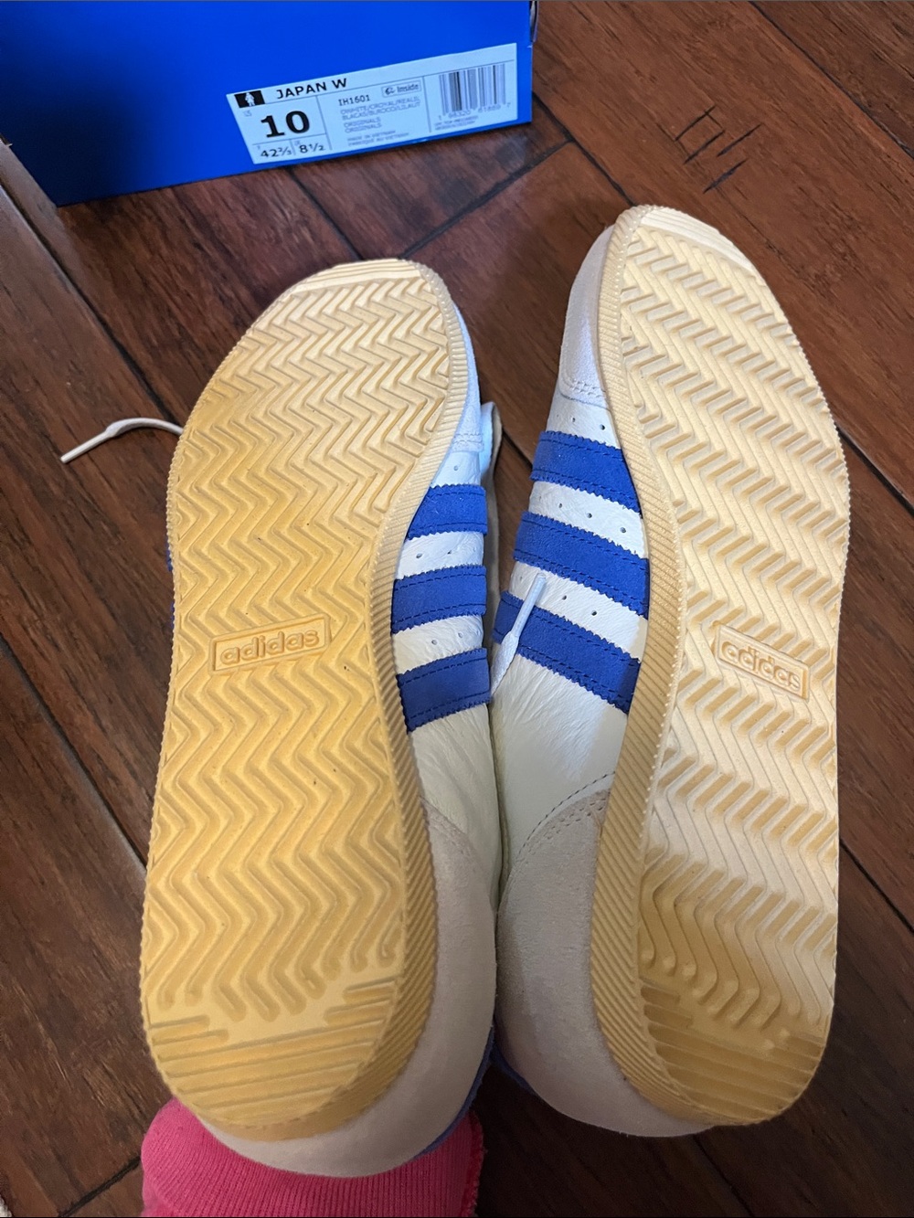 adidas womens japan White Leather Sneakers with Blue Stripes and Yellow Gum Sole - Picture 8 of 14